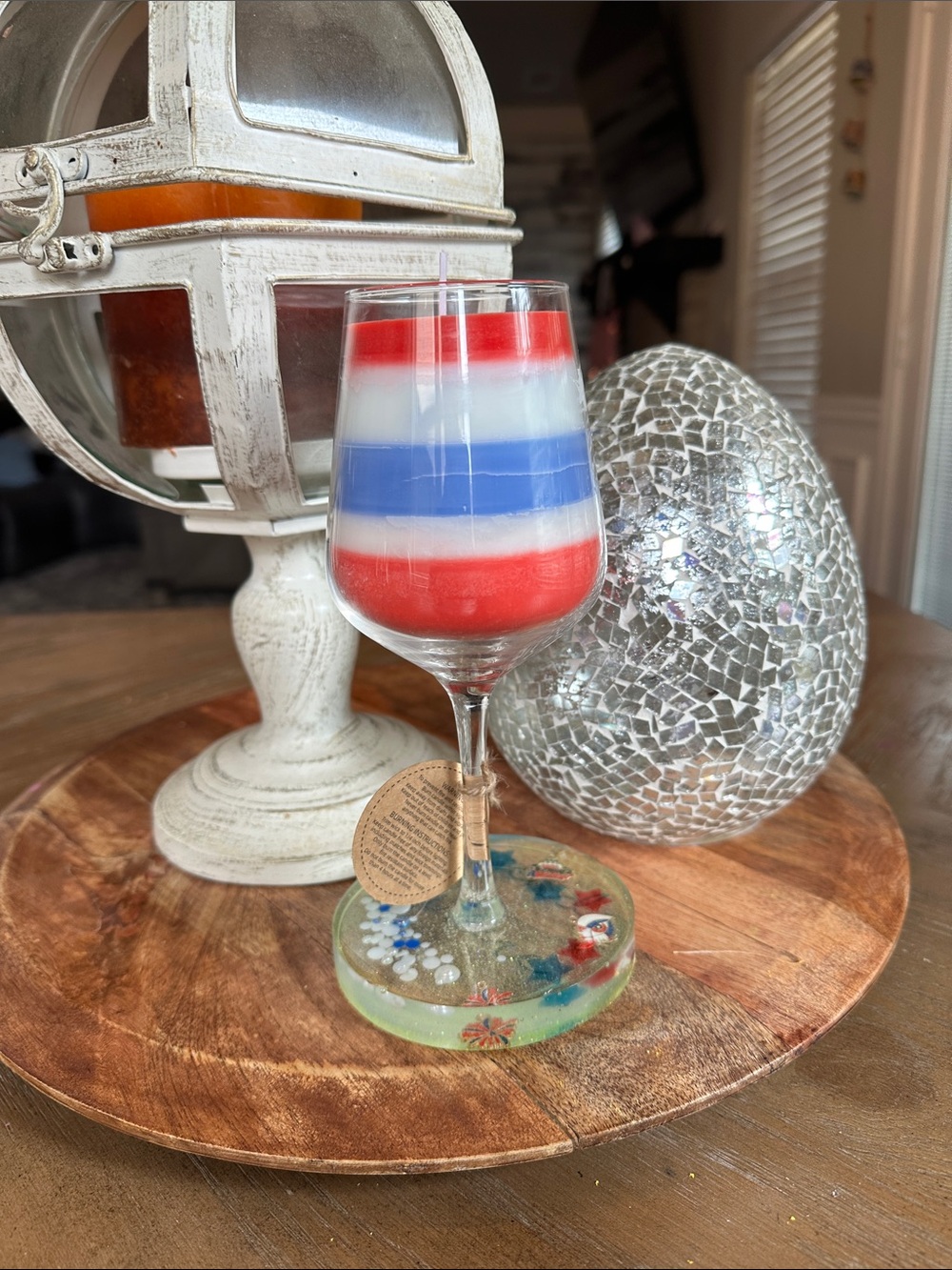Handcrafted Red, White & Blue Layered Wine Glass Candle